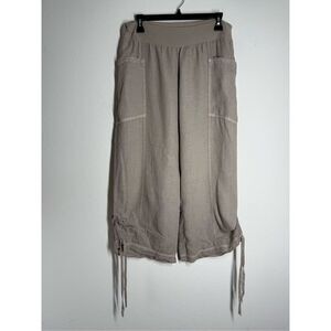 Driver Women’s Linen Taupe Cropped Pants Sz M Elastic Waist Pockets *See Notes